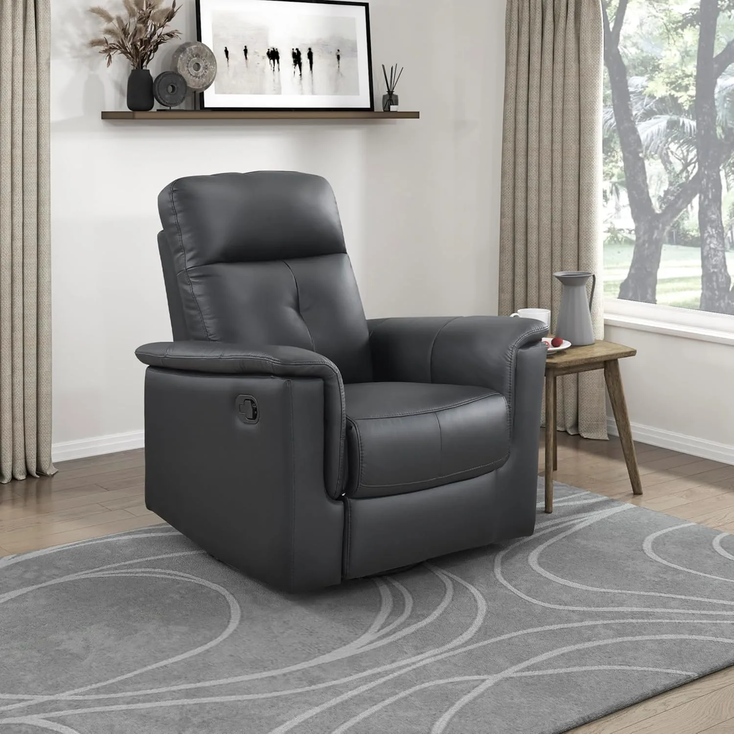 Lexicon Swivel Glider Recliner Chair, Comfy Nursery Glider, Top Grain Leather Match Recliner, Manual Reclining Chair for Living Room/Office/Apartment, Black