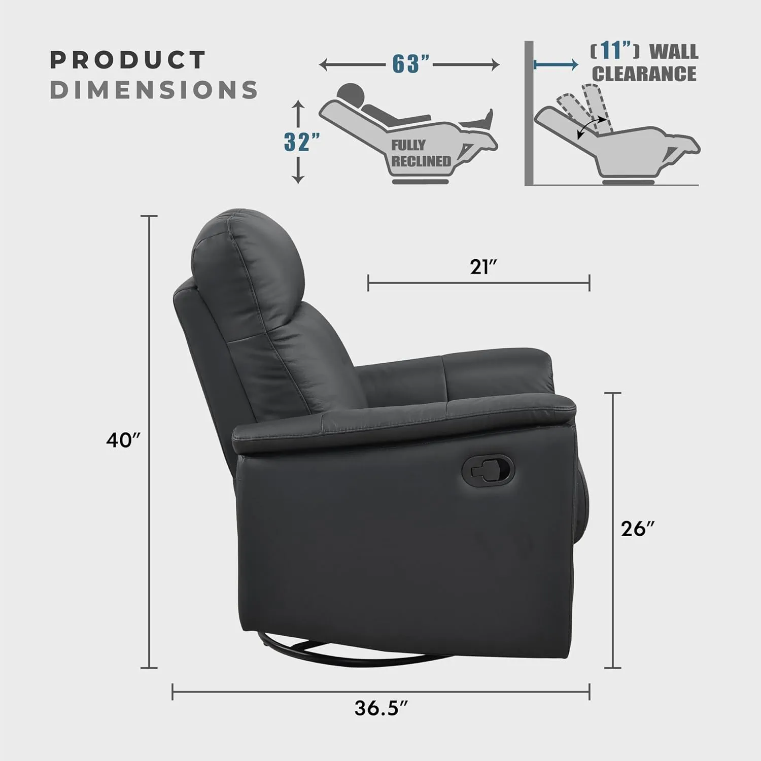 Lexicon Swivel Glider Recliner Chair, Comfy Nursery Glider, Top Grain Leather Match Recliner, Manual Reclining Chair for Living Room/Office/Apartment, Black