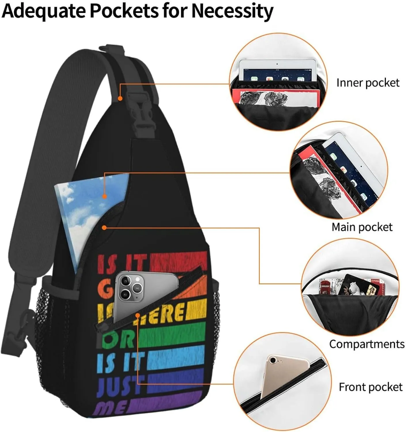 LGBT Gay Pride Love Rainbow Heart Crossbody Bag Adjustable Sling Bag Casual Chest Bags Travel Shoulder Backpack