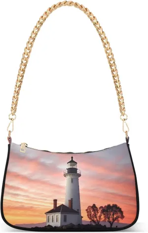 Lighthouse Pattern Shoulder Bag for Women, Handbag with Chain Strap, Soft Purse Tote Bag for Ladies