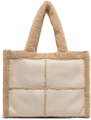 Like Dreams Large Sherpa Tote Bag, Inner Pocket Vegan Leather, Large Tote Hand bags for Women, Fashion Winter Purse