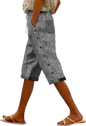 Linen Capri Pants for Women Casual High Waist Side Button Striped Lounge Pants Drawstring Straight Leg 3/4 Trousers