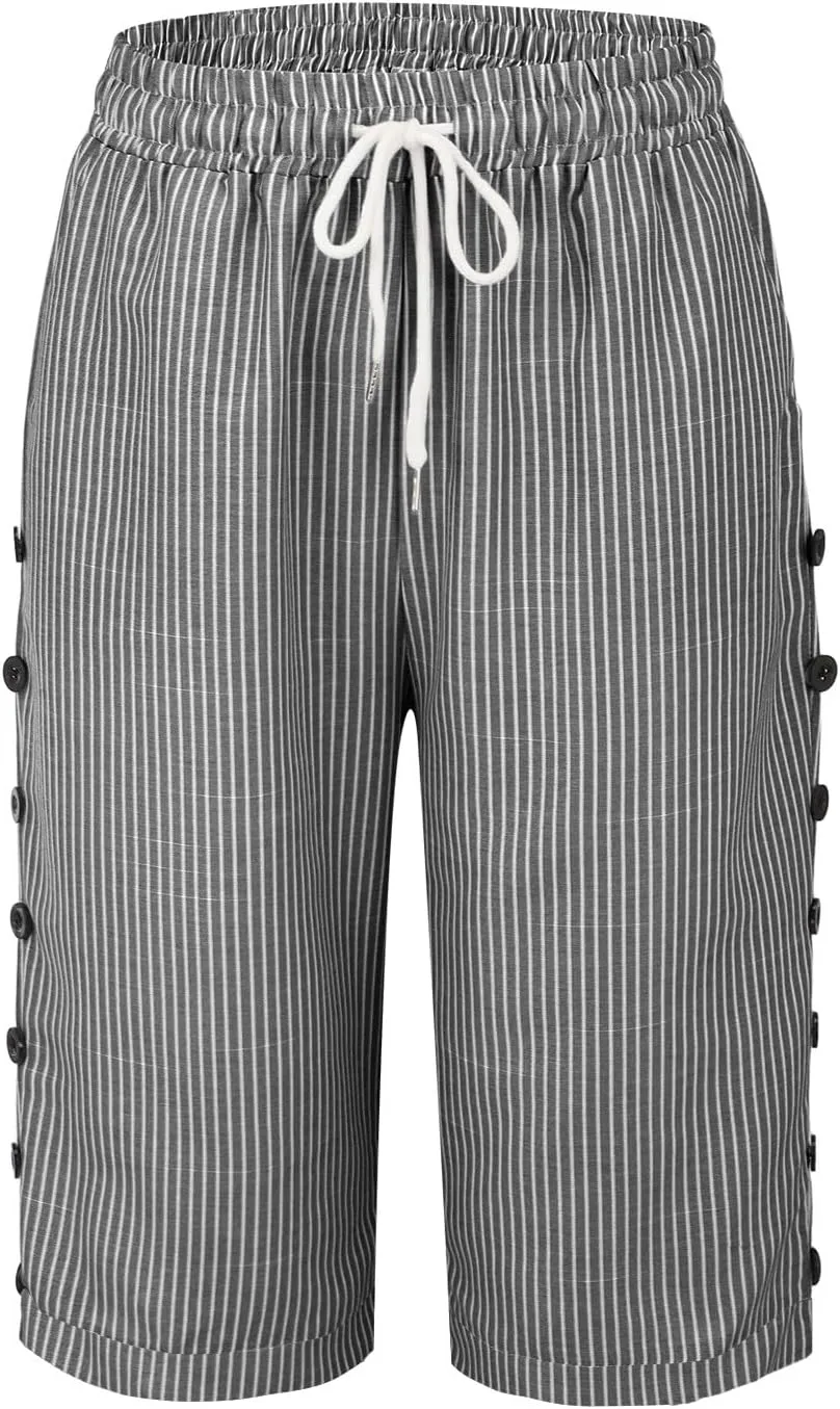 Linen Capri Pants for Women Casual High Waist Side Button Striped Lounge Pants Drawstring Straight Leg 3/4 Trousers