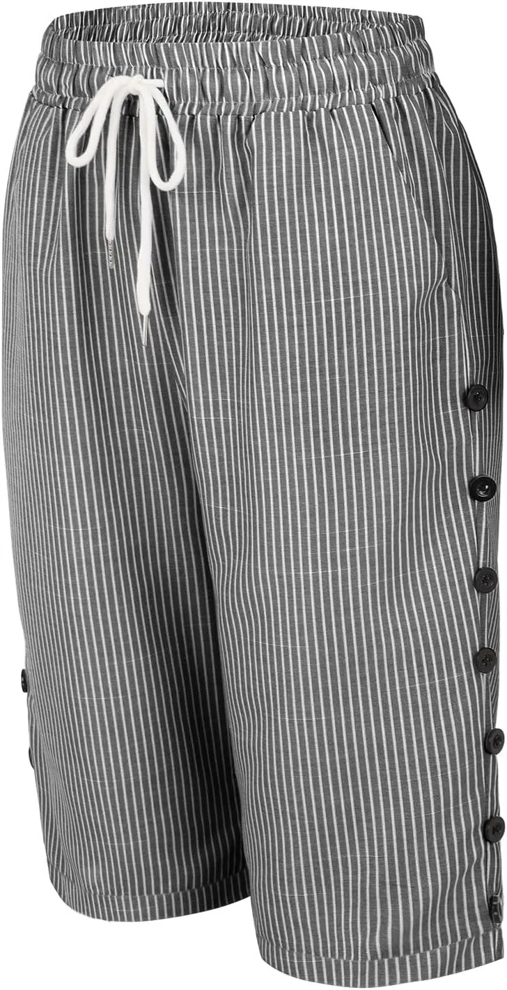 Linen Capri Pants for Women Casual High Waist Side Button Striped Lounge Pants Drawstring Straight Leg 3/4 Trousers