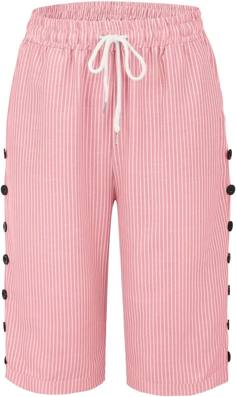 Linen Capri Pants for Women Casual High Waist Side Button Striped Lounge Pants Drawstring Straight Leg 3/4 Trousers