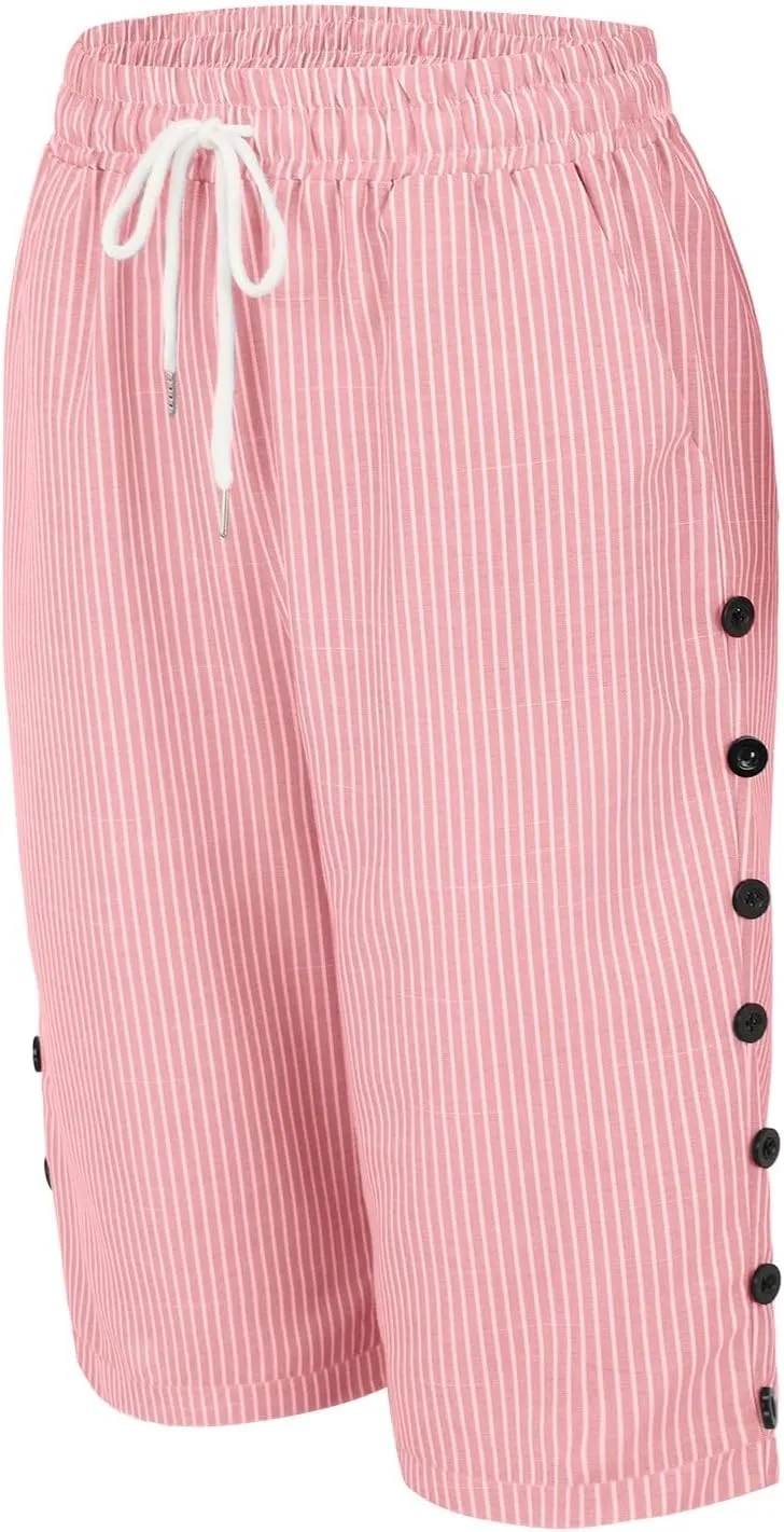 Linen Capri Pants for Women Casual High Waist Side Button Striped Lounge Pants Drawstring Straight Leg 3/4 Trousers