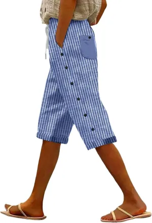 Linen Capri Pants for Women Casual High Waist Side Button Striped Lounge Pants Drawstring Straight Leg 3/4 Trousers