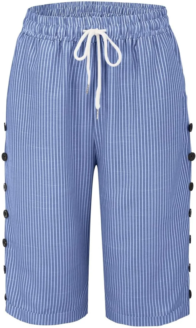 Linen Capri Pants for Women Casual High Waist Side Button Striped Lounge Pants Drawstring Straight Leg 3/4 Trousers