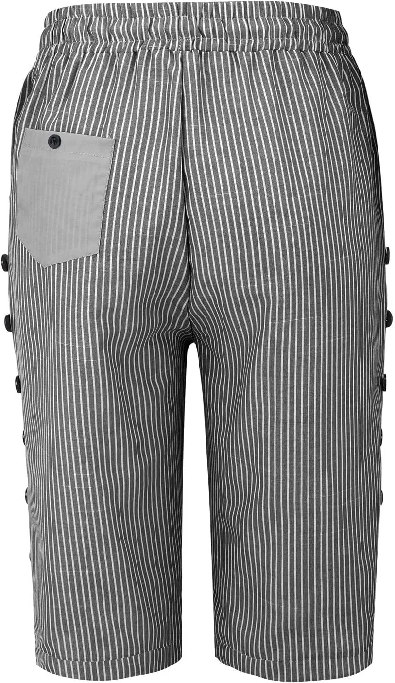 Linen Capri Pants for Women Casual High Waist Side Button Striped Lounge Pants Drawstring Straight Leg 3/4 Trousers