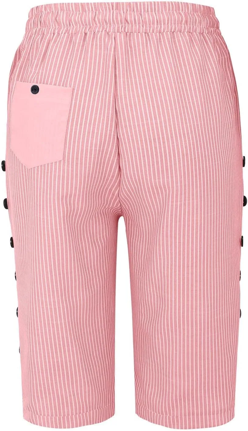 Linen Capri Pants for Women Casual High Waist Side Button Striped Lounge Pants Drawstring Straight Leg 3/4 Trousers
