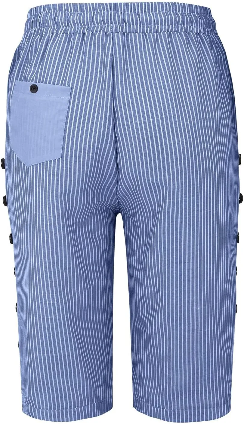 Linen Capri Pants for Women Casual High Waist Side Button Striped Lounge Pants Drawstring Straight Leg 3/4 Trousers