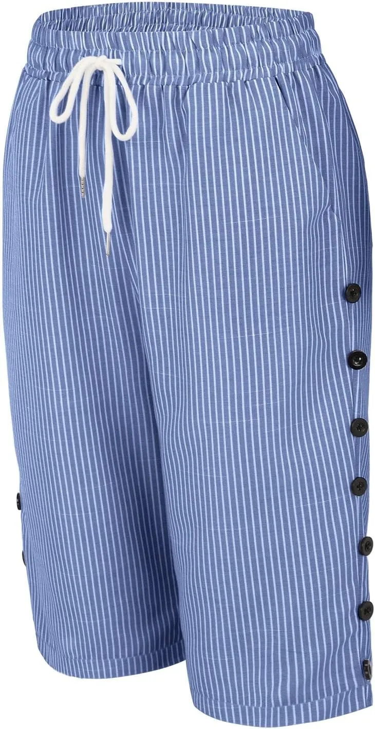 Linen Capri Pants for Women Casual High Waist Side Button Striped Lounge Pants Drawstring Straight Leg 3/4 Trousers
