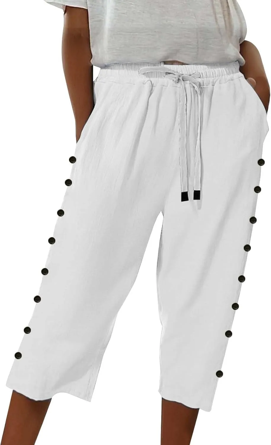 Linen Capri Pants for Women Casual High Waisted Straight Leg Lounge Pants Fashion Side Button Capris with Pockets