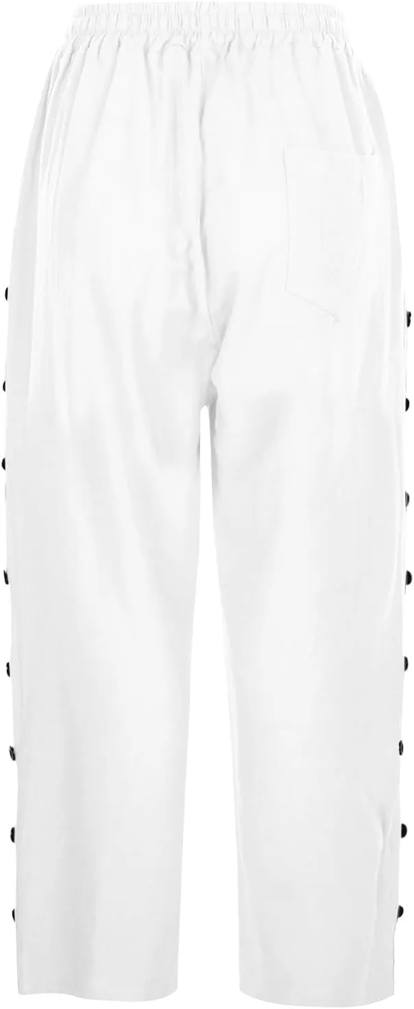 Linen Capri Pants for Women Casual High Waisted Straight Leg Lounge Pants Fashion Side Button Capris with Pockets