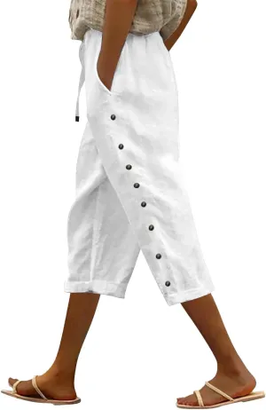 Linen Capri Pants for Women Casual High Waisted Straight Leg Lounge Pants Fashion Side Button Capris with Pockets