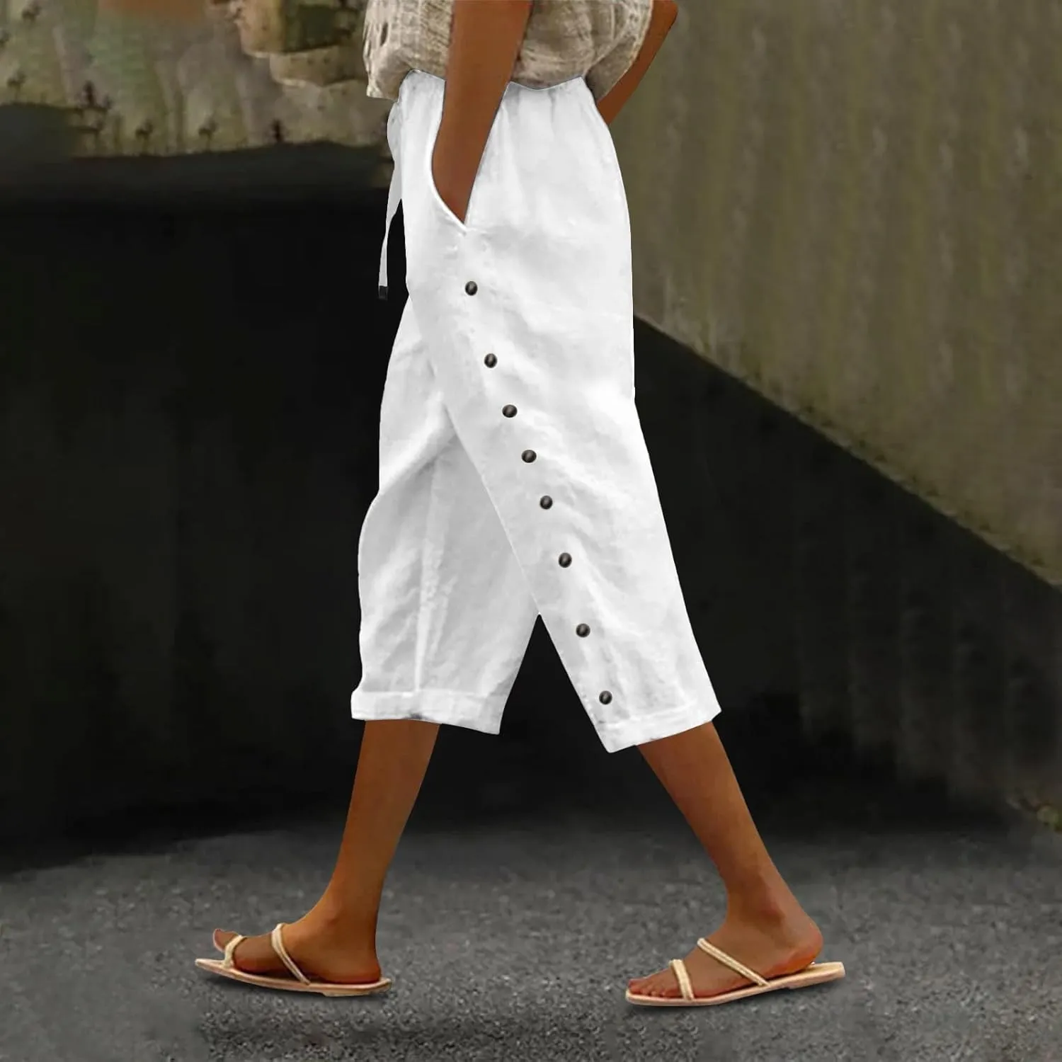 Linen Capri Pants for Women Casual High Waisted Straight Leg Lounge Pants Fashion Side Button Capris with Pockets