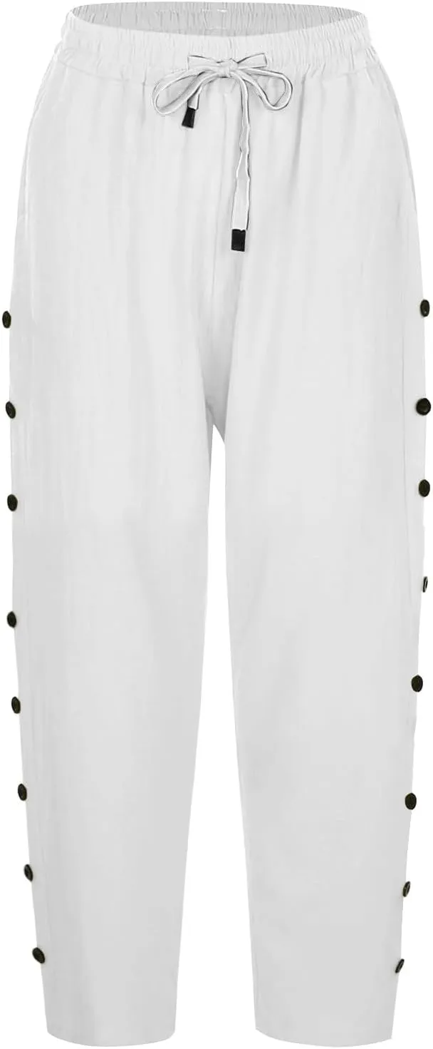 Linen Capri Pants for Women Casual High Waisted Straight Leg Lounge Pants Fashion Side Button Capris with Pockets