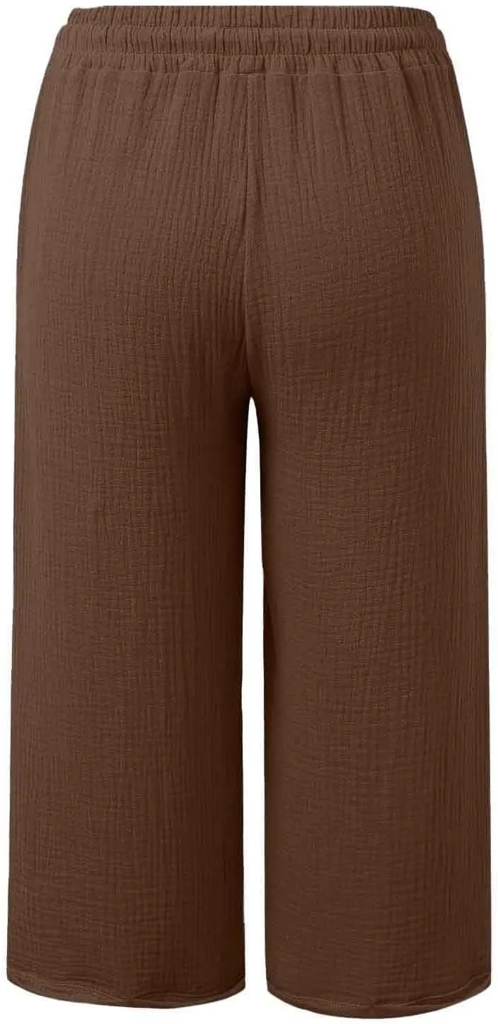Linen Capri Pants for Women Elastic Waist Straight Leg Lightweight Beach Vacation Capris Summer Casual Lounge Pants