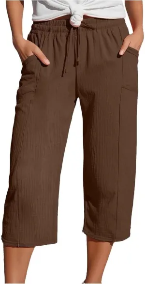 Linen Capri Pants for Women Elastic Waist Straight Leg Lightweight Beach Vacation Capris Summer Casual Lounge Pants