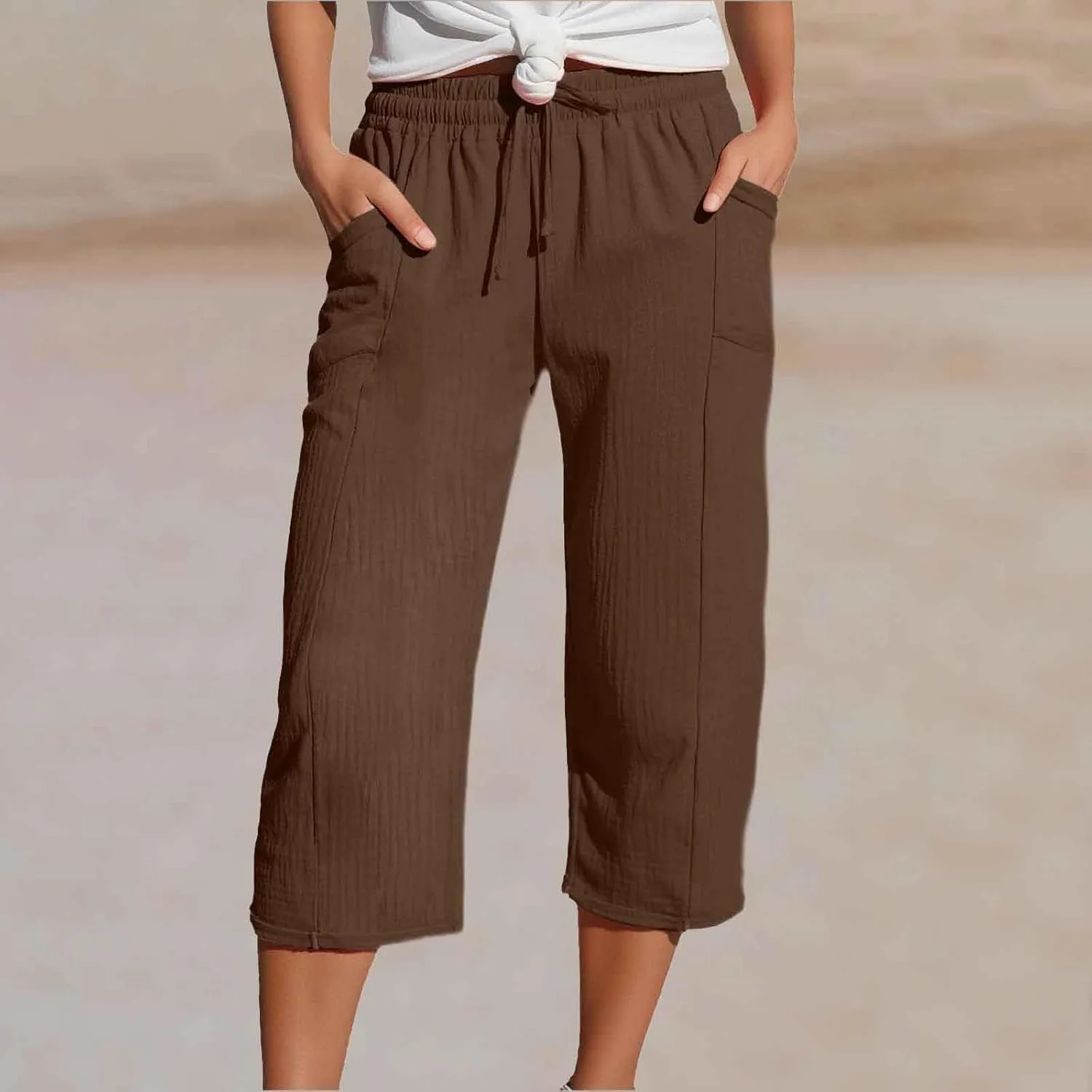 Linen Capri Pants for Women Elastic Waist Straight Leg Lightweight Beach Vacation Capris Summer Casual Lounge Pants