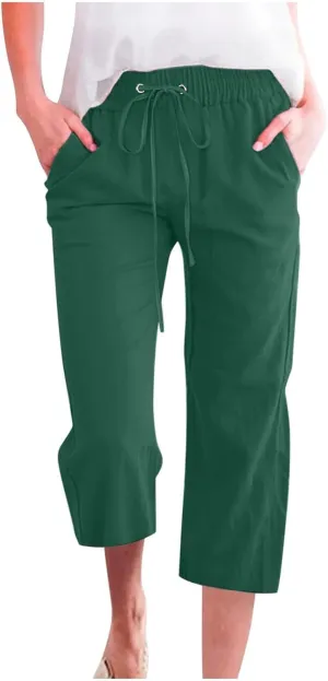 Linen Capri Pants for Women Plus Size Elastic High Waist Wide Leg Lounge Pants Summer Casual Comfy Beach Trousers