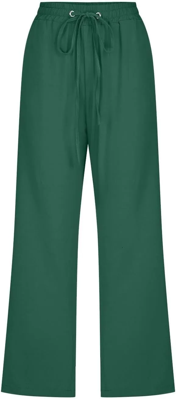 Linen Capri Pants for Women Plus Size Elastic High Waist Wide Leg Lounge Pants Summer Casual Comfy Beach Trousers