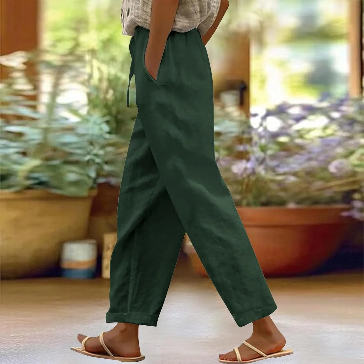 Linen Pants Women High Waisted Elastic Drawstring Beach Loose Lightweight Wide Leg Trousers Casual Palazzo Pant