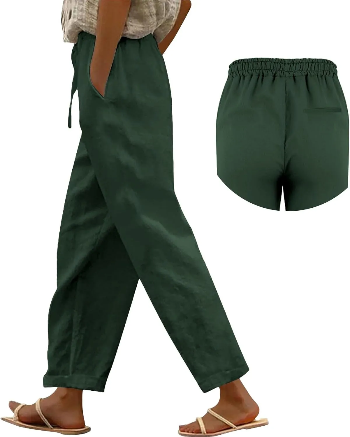Linen Pants Women High Waisted Elastic Drawstring Beach Loose Lightweight Wide Leg Trousers Casual Palazzo Pant