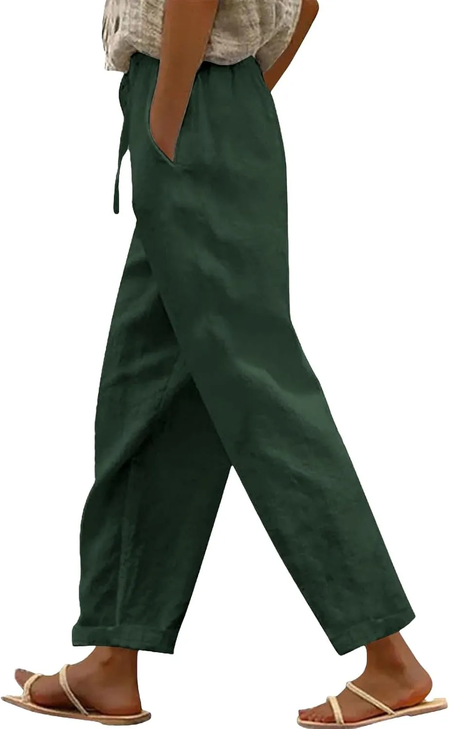Linen Pants Women High Waisted Elastic Drawstring Beach Loose Lightweight Wide Leg Trousers Casual Palazzo Pant