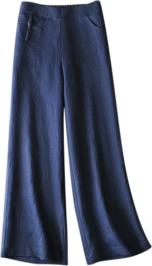 Linen Pants Women Summer Solid High Waisted Cotton Linen Palazzo Pants Wide Leg Long Lounge Trousers with Pockets