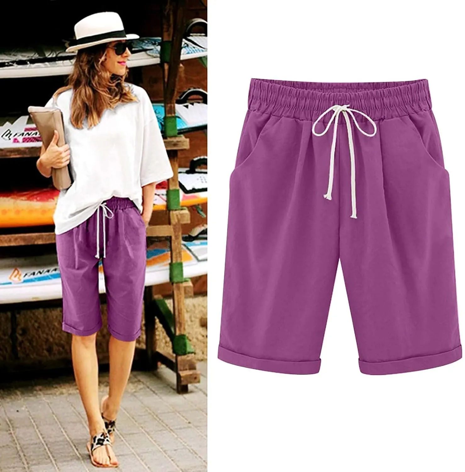 Linen Shorts for Women Plus Size Casual Drawstring Elastic Wide Leg Short Pants Summer Beach Outfits with Pockets