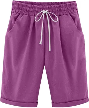 Linen Shorts for Women Plus Size Casual Drawstring Elastic Wide Leg Short Pants Summer Beach Outfits with Pockets
