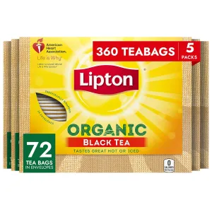 Lipton Organic Tea Bags Tastes Great Hot or Iced Organic Black Tea Can Help Support a Healthy Heart 5.74 oz 72 Count, Pack of 5