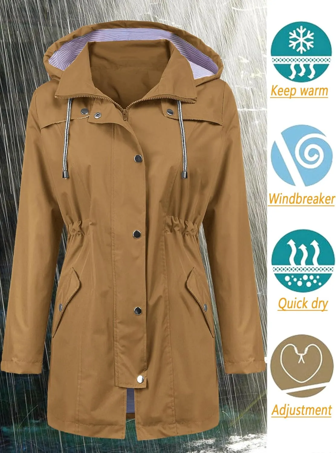 LOMON Raincoat Women Waterproof Long Hooded Trench Coats Lined Windbreaker Travel Jacket S-XXL