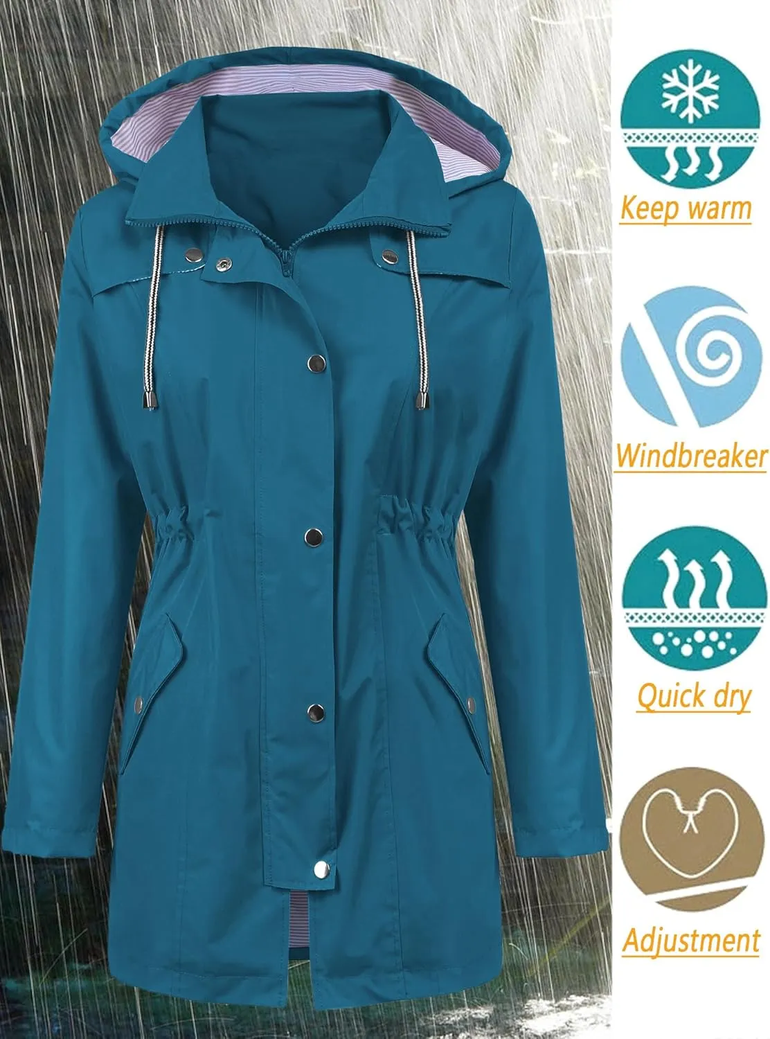 LOMON Raincoat Women Waterproof Long Hooded Trench Coats Lined Windbreaker Travel Jacket S-XXL