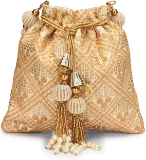 LONGING TO BUY Indian Embroidered Pearl Potli Bag For Women, Sequence Design with Tassel, Wedding Potli Bags