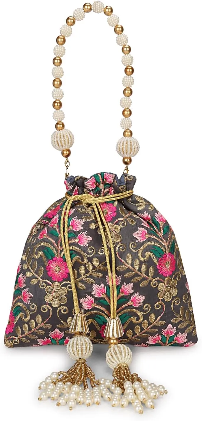 LONGING TO BUY Indian Embroidered Pearl Potli Bag For Women, Sequence Design with Tassel, Wedding Potli Bags