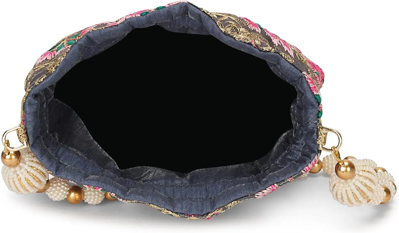 LONGING TO BUY Indian Embroidered Pearl Potli Bag For Women, Sequence Design with Tassel, Wedding Potli Bags