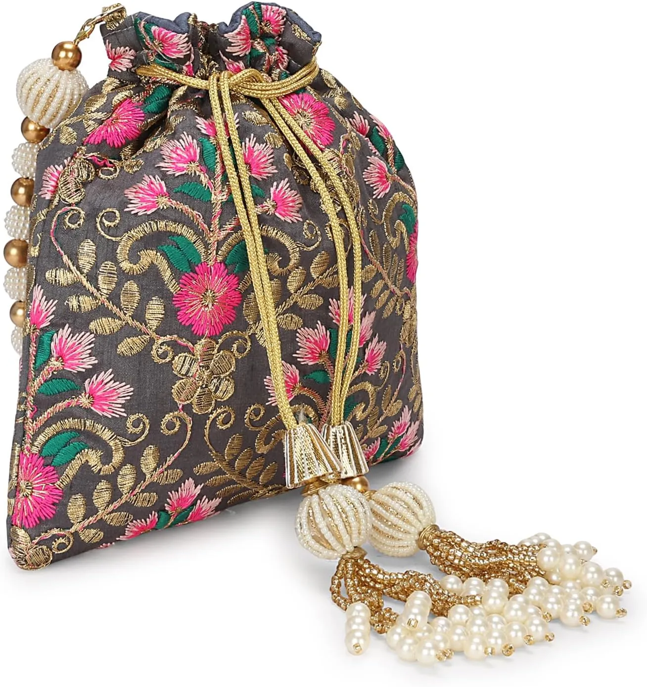 LONGING TO BUY Indian Embroidered Pearl Potli Bag For Women, Sequence Design with Tassel, Wedding Potli Bags