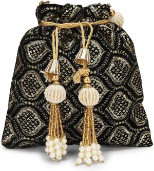 LONGING TO BUY Indian Embroidered Pearl Potli Bag For Women, Sequence Design with Tassel, Wedding Potli Bags