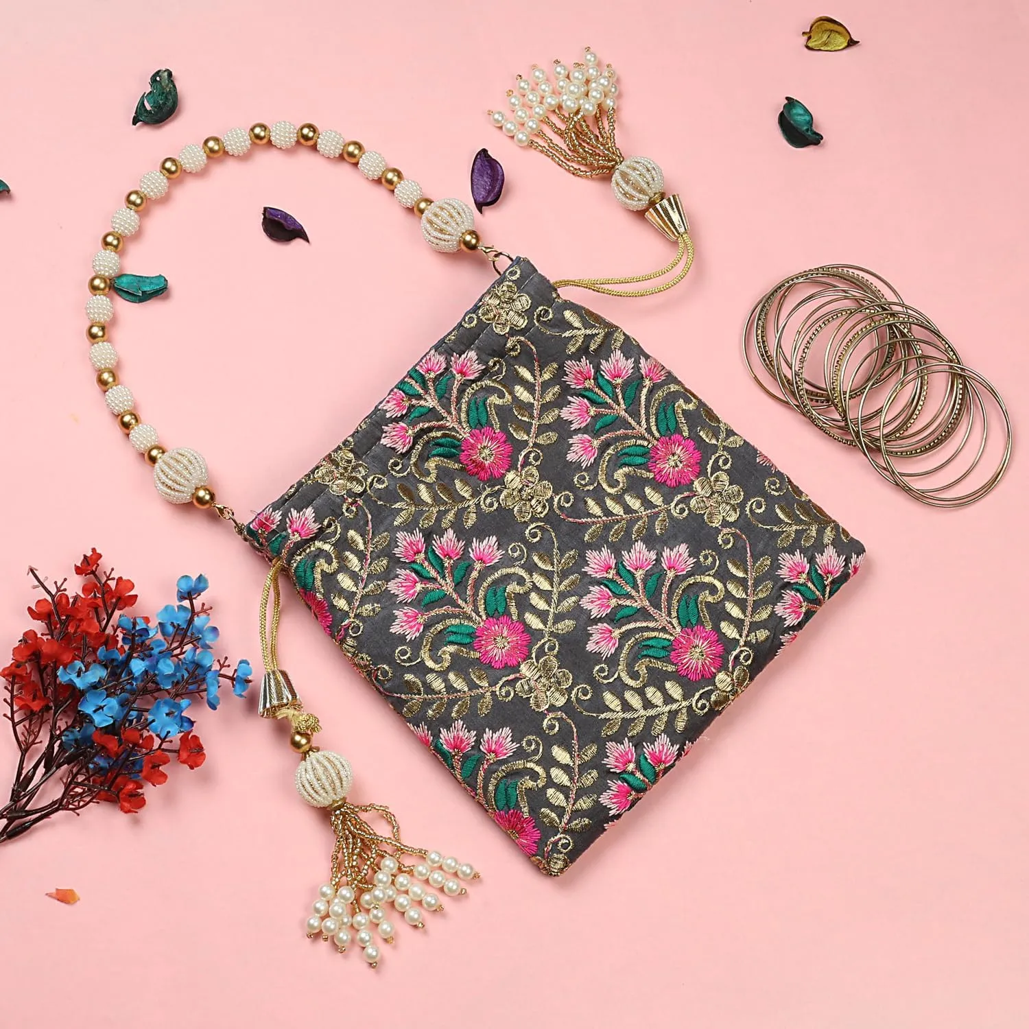 LONGING TO BUY Indian Embroidered Pearl Potli Bag For Women, Sequence Design with Tassel, Wedding Potli Bags