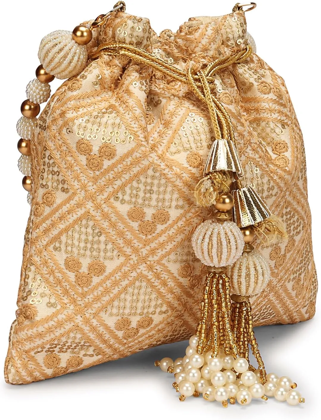LONGING TO BUY Indian Embroidered Pearl Potli Bag For Women, Sequence Design with Tassel, Wedding Potli Bags