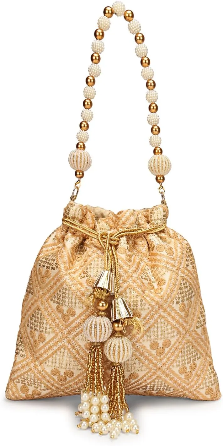 LONGING TO BUY Indian Embroidered Pearl Potli Bag For Women, Sequence Design with Tassel, Wedding Potli Bags