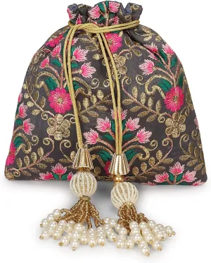 LONGING TO BUY Indian Embroidered Pearl Potli Bag For Women, Sequence Design with Tassel, Wedding Potli Bags