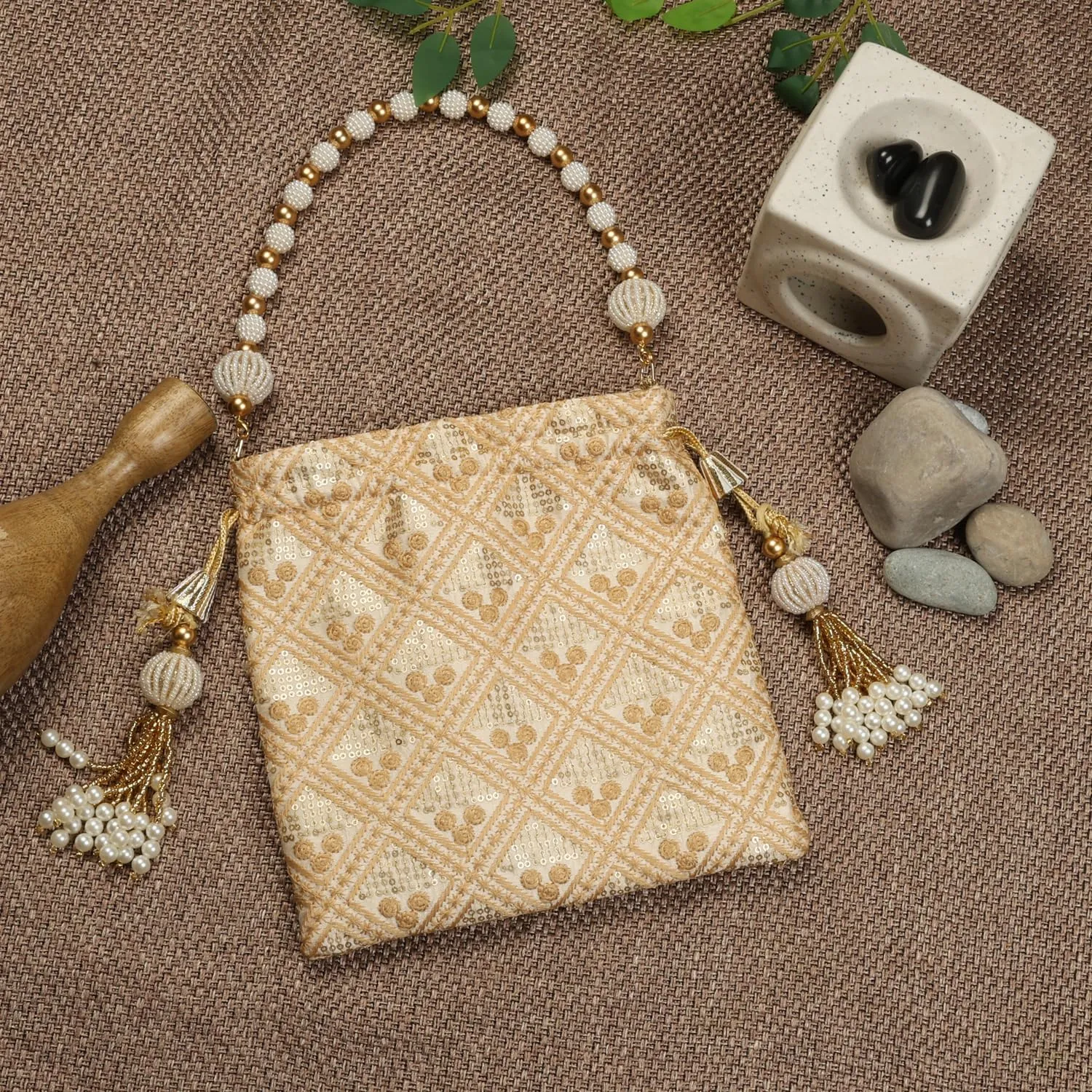 LONGING TO BUY Indian Embroidered Pearl Potli Bag For Women, Sequence Design with Tassel, Wedding Potli Bags