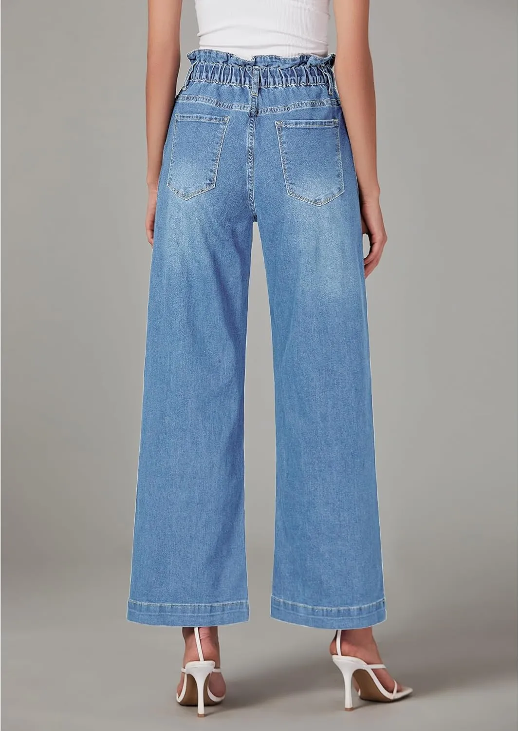 LookbookStore Womens Jeans Wide Leg High Waisted Trendy Elastic Wasit Drawstring Stretch Denim Pants Baggy Trouser Jeans