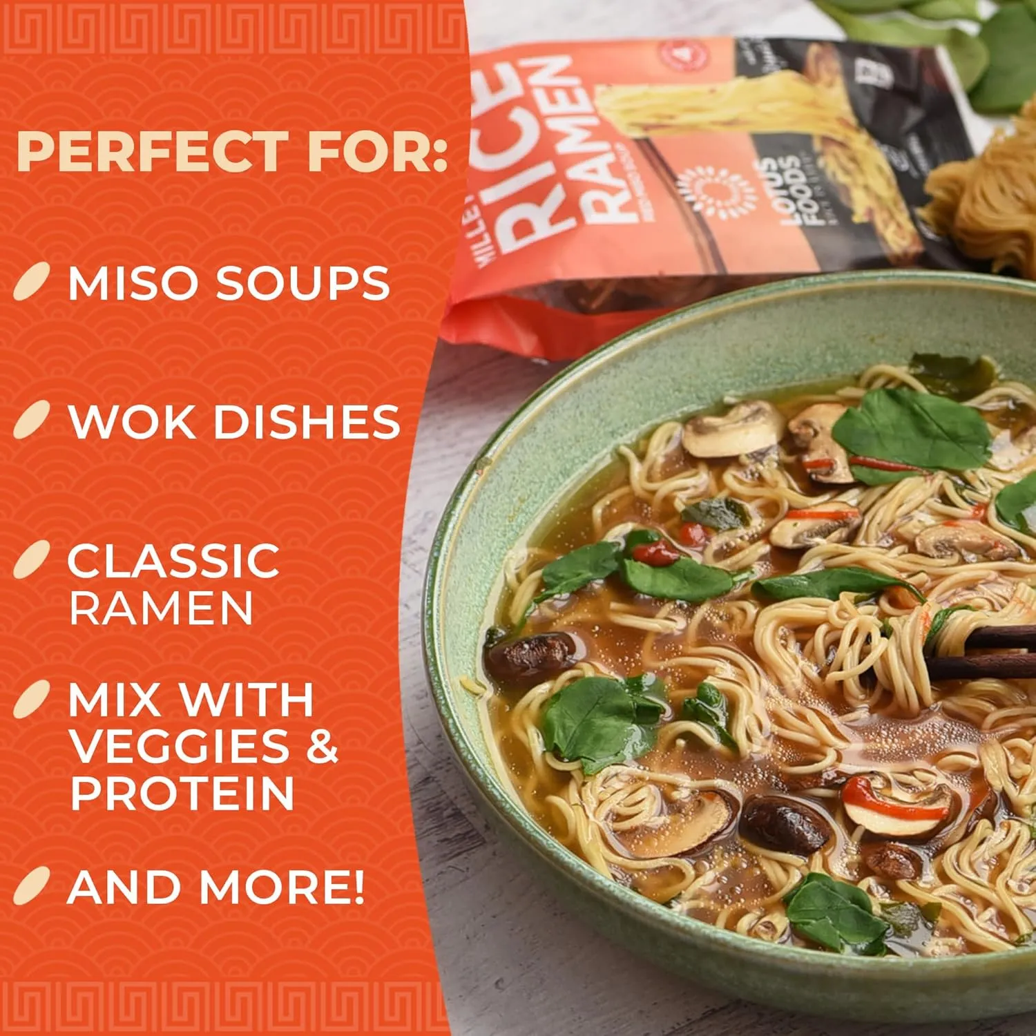 Lotus Foods Organic Millet & Brown Rice Ramen with Miso Soup - Gluten Free Ramen Noodles, Vegan Ramen Noodles with Millet Flour & Brown Rice Flour, Whole Grain GF Ramen - 2.8 Oz Bags (Pack of 10)