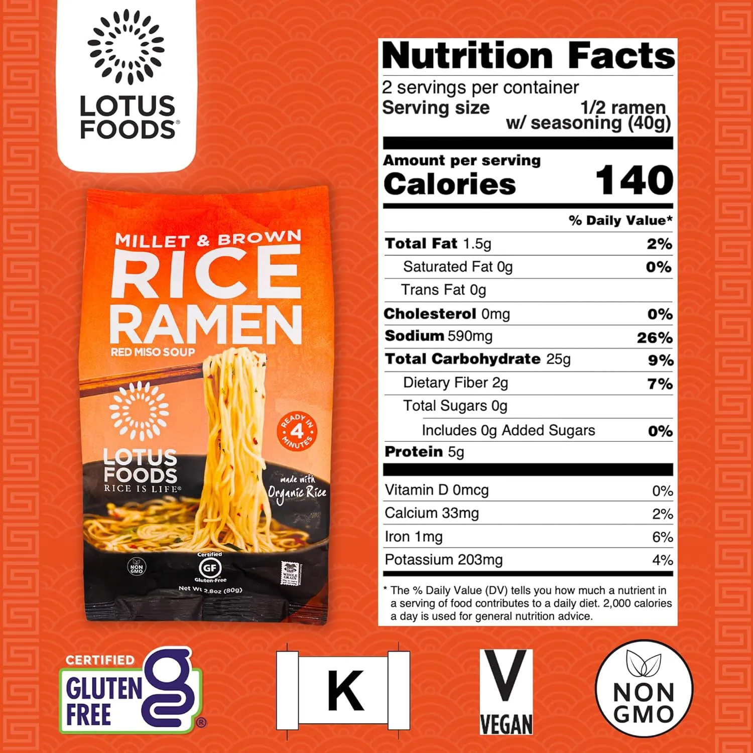 Lotus Foods Organic Millet & Brown Rice Ramen with Miso Soup - Gluten Free Ramen Noodles, Vegan Ramen Noodles with Millet Flour & Brown Rice Flour, Whole Grain GF Ramen - 2.8 Oz Bags (Pack of 10)