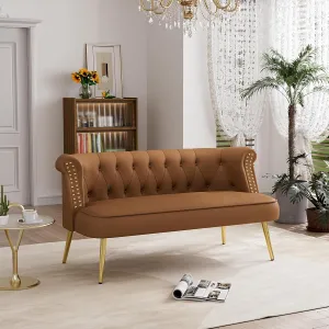 Loveseat Chesterfield Sofa with Gold Legs, Upholstered Tufted Vintage Victorian Curved Mini Couch, Comfy Faux Leather Loveseat for Bedroom, Apartment, Brown