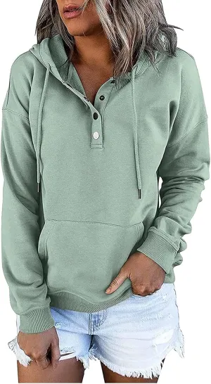 LRMQS Hoodies for Women Fall Fashion 2024 Button Drawstring Hooded Sweatshirt with Pocket Trendy Casual Loose Cute Pullover